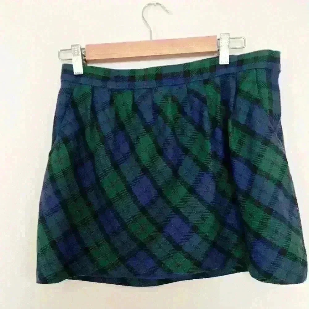 Old Navy Skirt Womens Size 6 Green Navy Blue Plaid Wool Blend Academia